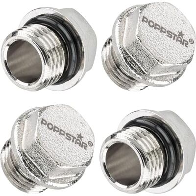 POPPSTAR Tapón ciego de latón (BSP rosca exterior 1/4" (13,16mm), hasta 50bar, hexagonal 14mm) con junta autosellante 1/4", 4 piezas POPPSTAR Tapón ciego de latón (BSP rosca exterior 1/4" (13,16mm), hasta 50bar, hexagonal 14mm) con junta autosellante 1/4", 4 piezas