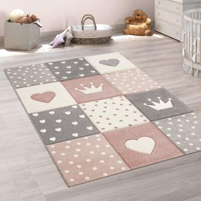 Paco Home Alfombra Infantil A Cuadros Corazones Corona Tamaños, tamaño:120x170 cm Paco Home Alfombra Infantil A Cuadros Corazones Corona Tamaños, tamaño:120x170 cm