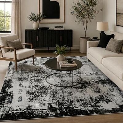 Serdim Rugs Serenity Alfombras Modernas abstractas acrílicas contemporáneas, poliéster, Negro, 80 x 150 cm (2'6"x5'0") Serdim Rugs Serenity Alfombras Modernas abstractas acrílicas contemporáneas, poliéster, Negro, 80 x 150 cm (2'6"x5'0")