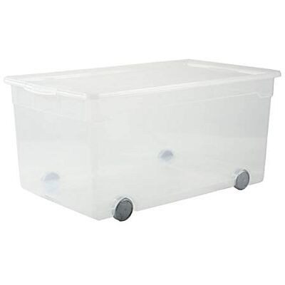 Rotho Clear Caja de almacenamiento de 63l con tapa y ruedas, Plástico (PP) sin BPA, transparente, 63l (71.5 x 40.0 x 33.5 cm) Rotho Clear Caja de almacenamiento de 63l con tapa y ruedas, Plástico (PP) sin BPA, transparente, 63l (71.5 x 40.0 x 33.5 cm)