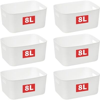 Cetomo 8L*6 Cesta de Almacenamiento de Plástico, Caja de Almacenamiento Abierta, Contenedores Para Estanterías, Organizadores con Asas Para oficina, Gabinetes, Blanco, 8L-6 Unidades (28.5*22*14cm) Cetomo 8L*6 Cesta de Almacenamiento de Plástico, Caja de Almacenamiento Abierta, Contenedores Para Estanterías, Organizadores con Asas Para oficina, Gabinetes, Blanco, 8L-6 Unidades (28.5*22*14cm)