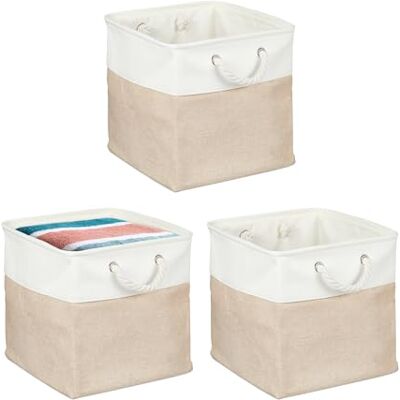 Relaxdays Cesta de Almacenamiento , Set de 3, Lino, Asas de Cuerda, Ropa, Juguetes, 33 x 33 x 33 cm, Beige/Blanco Relaxdays Cesta de Almacenamiento , Set de 3, Lino, Asas de Cuerda, Ropa, Juguetes, 33 x 33 x 33 cm, Beige/Blanco