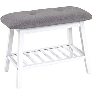 HAKU Banco Zapatero Gris Blanco Bambú Zapatero con Asiento Acolchado Tejido Textil Medidas An 60 cm x Al 44 cm x Pr 30 cm Estilo Bohemio HAKU Banco Zapatero Gris Blanco Bambú Zapatero con Asiento Acolchado Tejido Textil Medidas An 60 cm x Al 44 cm x Pr 30 cm Estilo Bohemio