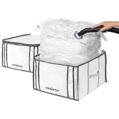 Compactor Cajas almacenaje al vacío ropa, edredones, nórdicos, almohadas. Pack 3 Talla M. Organizador armario con bolsa al vacío ropa integrada, compresión con aspiradora. Ahorra espacio Compactor Cajas almacenaje al vacío ropa, edredones, nórdicos, almohadas. Pack 3 Talla M. Organizador armario con bolsa al vacío ropa integrada, compresión con aspiradora. Ahorra espacio