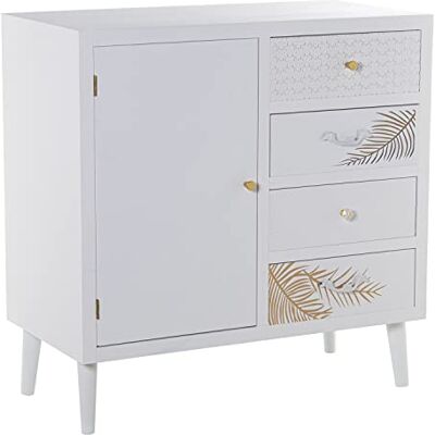 DRW Aparador con 1 Puerta y 4 cajones de Madera con Relieve Hoja en Blanco y Dorado 80x40x80cm DRW Aparador con 1 Puerta y 4 cajones de Madera con Relieve Hoja en Blanco y Dorado 80x40x80cm