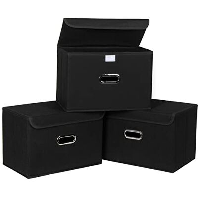 SEVENDOME Cesta organizadora plegable de tela de lino con tapa, asas de cuero, divisor extraíble para el hogar, armario (negro, 3 piezas) SEVENDOME Cesta organizadora plegable de tela de lino con tapa, asas de cuero, divisor extraíble para el hogar, armario (negro, 3 piezas)