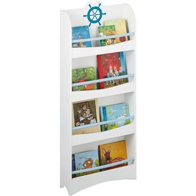 Relaxdays Librería Infantil, 124x50,5x15 cm, Estantería Libros con 4 Compartimentos, MDF, Diseño Timón, Blanca y Azul Relaxdays Librería Infantil, 124x50,5x15 cm, Estantería Libros con 4 Compartimentos, MDF, Diseño Timón, Blanca y Azul