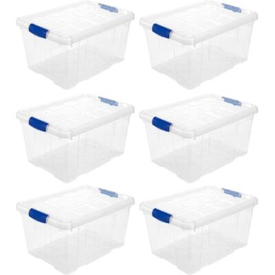 AC Pk de 6 Cajas de ordenión de plástico Transparente N.º 1. Contenedor para almenar Libros, Ropa, Mantas. Capidad 16 litros. Dimensiones Aprox.: 39,6 x 29,6 x 21,5 cm AC Pk de 6 Cajas de ordenión de plástico Transparente N.º 1. Contenedor para almenar Libros, Ropa, Mantas. Capidad 16 litros. Dimensiones Aprox.: 39,6 x 29,6 x 21,5 cm