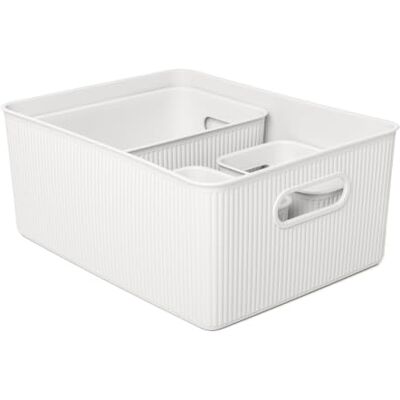 Tatay Cestas Almacenaje Plastico Baobab Set de 4 Cajas Organizadoras Asas Integradas Diseño Compacto y Versátil Plástico Reciclado Libre de BPA 29,4x38,5x16 cm, Blanco Tatay Cestas Almacenaje Plastico Baobab Set de 4 Cajas Organizadoras Asas Integradas Diseño Compacto y Versátil Plástico Reciclado Libre de BPA 29,4x38,5x16 cm, Blanco