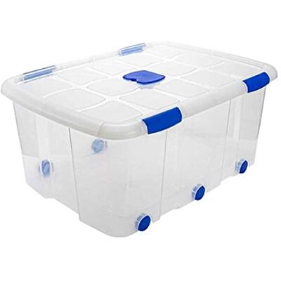 AC Caja de ordenión con Tapa y Ruedas de plástico Transparente N.º 15. Contenedor para almenar Libros, Ropa, Mantas. Capidad 100 litros. Dimensiones Aprox.: 76,8 x 56,5 x 34,8 cm AC Caja de ordenión con Tapa y Ruedas de plástico Transparente N.º 15. Contenedor para almenar Libros, Ropa, Mantas. Capidad 100 litros. Dimensiones Aprox.: 76,8 x 56,5 x 34,8 cm