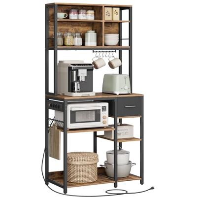 VASAGLE Estanteria Cocina con Multienchufe, Mueble Auxiliar de Cocina, Cajón de Tela, 40 x 80 x 180,4 cm, Estante de Microondas, 12 Ganchos, Marrón Rústico y Negro Tinta KKS015K03 VASAGLE Estanteria Cocina con Multienchufe, Mueble Auxiliar de Cocina, Cajón de Tela, 40 x 80 x 180,4 cm, Estante de Microondas, 12 Ganchos, Marrón Rústico y Negro Tinta KKS015K03