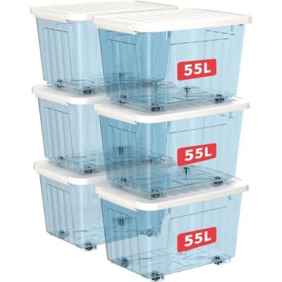Cetomo 55L*6 Cajas de Almacenamiento con Tapas, Contenedores de Plástico con Ruedas, Clip On, Apilables, Encajables, Organizador Rayado para Oficina en Casa, Azul Claro, 55L-6 Pack Cetomo 55L*6 Cajas de Almacenamiento con Tapas, Contenedores de Plástico con Ruedas, Clip On, Apilables, Encajables, Organizador Rayado para Oficina en Casa, Azul Claro, 55L-6 Pack