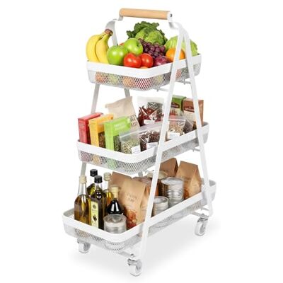 Relaxdays Carro , 3 Niveles, Metal, asa de Madera, 84,5 x 57 x 31 cm, 4 Ruedas, Cocina, baño, Carrito, Blanco Relaxdays Carro , 3 Niveles, Metal, asa de Madera, 84,5 x 57 x 31 cm, 4 Ruedas, Cocina, baño, Carrito, Blanco