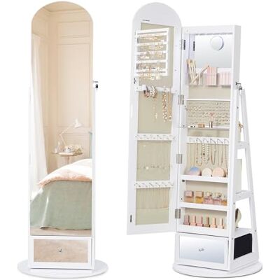 SONGMICS Armario Joyero Giratorio 360° con LED, Joyero de Cuerpo Entero, Cajón, Espejo Interior, Espejo de Aumento, Ganchos, Baldas, Blanco Nube SONGMICS Armario Joyero Giratorio 360° con LED, Joyero de Cuerpo Entero, Cajón, Espejo Interior, Espejo de Aumento, Ganchos, Baldas, Blanco Nube