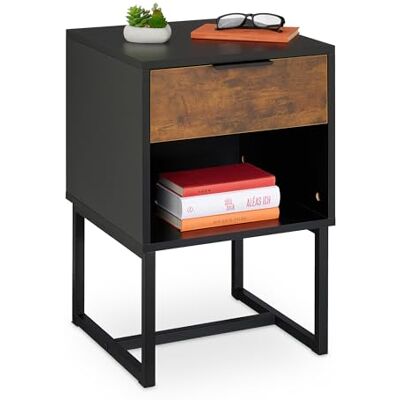 Relaxdays Mesita de Noche con Cajón, 60,5 x 40 x 41,5 cm, Mesilla Industrial Metal y Efecto Madera, Negro y Marrón Relaxdays Mesita de Noche con Cajón, 60,5 x 40 x 41,5 cm, Mesilla Industrial Metal y Efecto Madera, Negro y Marrón