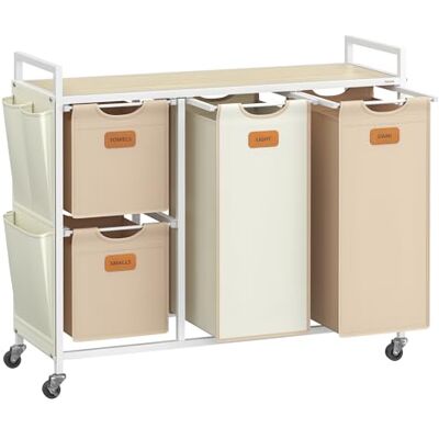 VASAGLE Cesto para Ropa Sucia, 4 Compartimentos, Cesta Ropa Sucia 150 L, con Estante Ruedas, Bolsa Colada, con Bolsillos Extraíbles, 6 Etiquetas, Beige Natural, Marrón Camello y Blanco Crema VASAGLE Cesto para Ropa Sucia, 4 Compartimentos, Cesta Ropa Sucia 150 L, con Estante Ruedas, Bolsa Colada, con Bolsillos Extraíbles, 6 Etiquetas, Beige Natural, Marrón Camello y Blanco Crema
