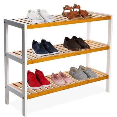 Relaxdays Estante para Zapatos , HxBxT: 55 x 70 x 26 cm, bambú, 3 Niveles, 9 Pares, Zapatero Natural/Blanco Relaxdays Estante para Zapatos , HxBxT: 55 x 70 x 26 cm, bambú, 3 Niveles, 9 Pares, Zapatero Natural/Blanco
