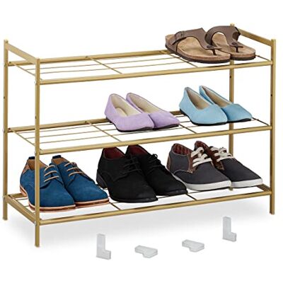 Relaxdays Zapatero Extensible Metal, Mueble Organizador Zapato, 3 Baldas, 9 Pares, Pasillo, Entrada, 50x70x26 cm, Dorado Relaxdays Zapatero Extensible Metal, Mueble Organizador Zapato, 3 Baldas, 9 Pares, Pasillo, Entrada, 50x70x26 cm, Dorado