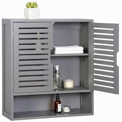 Relaxdays Armario Colgante para baño , 3 Compartimentos, HBT: 66 x 59 x 21 cm, Puertas laminadas, Cierre magnético, Gris Relaxdays Armario Colgante para baño , 3 Compartimentos, HBT: 66 x 59 x 21 cm, Puertas laminadas, Cierre magnético, Gris
