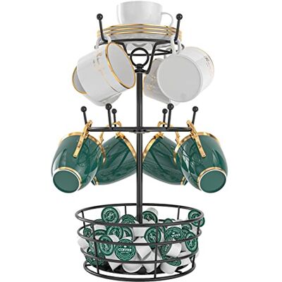 ASTLIHO Visentor Soporte para tazas de café, soporte giratorio de metal para tazas de café, soporte para tazas de café con mango de 3 niveles para 10 ganchos para tazas con cápsulas de taza y cesta de ASTLIHO Visentor Soporte para tazas de café, soporte giratorio de metal para tazas de café, soporte para tazas de café con mango de 3 niveles para 10 ganchos para tazas con cápsulas de taza y cesta de