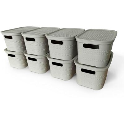 Ecoplast Juego de 8 recipientes multiusos color gris claro Small con tapa y separador – Caja organizadora que ahorra espacio para armarios, salas de estar y oficinas Ecoplast Juego de 8 recipientes multiusos color gris claro Small con tapa y separador – Caja organizadora que ahorra espacio para armarios, salas de estar y oficinas
