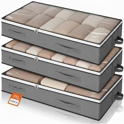 Romon Bolsas Almacenaje Ropa, 3 Piezas 75L Organizador Armario Cajas Cestas Plegable con Asa Reforzada para Guardar Ropa de Tejido Resistente y Ventana Transparente para Suéteres Abrigos Mantas, Gris Romon Bolsas Almacenaje Ropa, 3 Piezas 75L Organizador Armario Cajas Cestas Plegable con Asa Reforzada para Guardar Ropa de Tejido Resistente y Ventana Transparente para Suéteres Abrigos Mantas, Gris