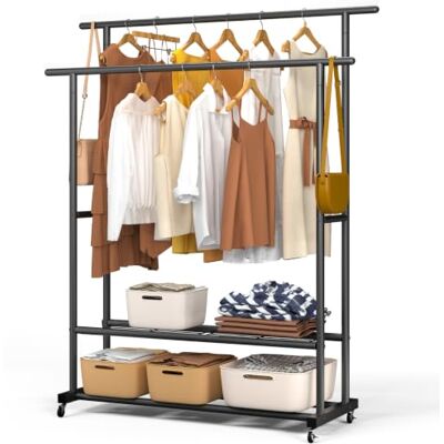 VOUNOT ® Burro Ropa Resistente, Perchero Burro Metálico Doble Barra con Ruedas y 2 Estantes Inferiores, Organizador Móvil de Ropa con Zapatero, Colgador para Dormitorio y Vestidor, 121x40x147 cm, Negro VOUNOT ® Burro Ropa Resistente, Perchero Burro Metálico Doble Barra con Ruedas y 2 Estantes Inferiores, Organizador Móvil de Ropa con Zapatero, Colgador para Dormitorio y Vestidor, 121x40x147 cm, Negro