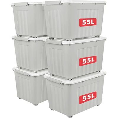 Cetomo 55L*6 Cajas de Almacenamiento con Tapas, Contenedores de Plástico con Ruedas, Clip On, Apilables, Encajables, Organizador Rayado para Oficina en Casa, Gris, 55L-6 Pack Cetomo 55L*6 Cajas de Almacenamiento con Tapas, Contenedores de Plástico con Ruedas, Clip On, Apilables, Encajables, Organizador Rayado para Oficina en Casa, Gris, 55L-6 Pack