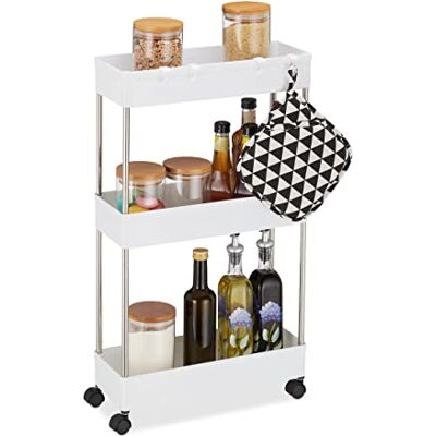Relaxdays Estantería con Ruedas, 3 Baldas, 70 x 15,5 x 40,5 cm, Carrito Estrecho para Baño y Cocina, 4 Ganchos, Blanco Relaxdays Estantería con Ruedas, 3 Baldas, 70 x 15,5 x 40,5 cm, Carrito Estrecho para Baño y Cocina, 4 Ganchos, Blanco