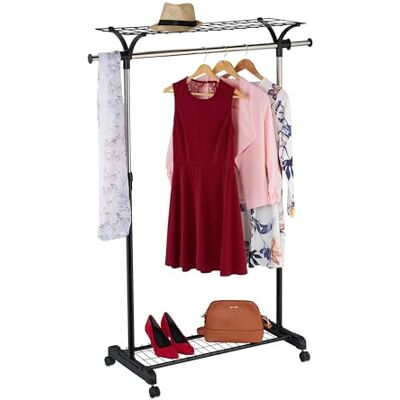 Relaxdays Perchero rodante , Carro de Ropa con 2 estantes, Altura Ajustable 110-170 cm, Ancho 90-135 cm, Plata/Negro Relaxdays Perchero rodante , Carro de Ropa con 2 estantes, Altura Ajustable 110-170 cm, Ancho 90-135 cm, Plata/Negro