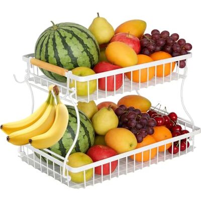 Cozary Cesta de Frutas Metal 2 Pisos, Frutero con 2 Bandejas, 2 Ganchos, Fruteros de Cocina para Almacenamiento y Organización Verduras, Fruta, Pan, Ahorra Espacio en Cocina, 37x24x23cm, Blanco Cozary Cesta de Frutas Metal 2 Pisos, Frutero con 2 Bandejas, 2 Ganchos, Fruteros de Cocina para Almacenamiento y Organización Verduras, Fruta, Pan, Ahorra Espacio en Cocina, 37x24x23cm, Blanco
