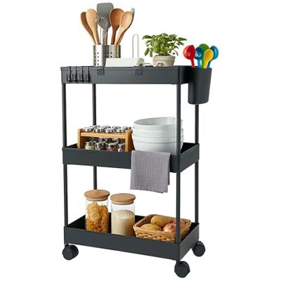 Relaxdays Carro , 3 Niveles, Carro de Servicio para Cocina, baño y Oficina, HBT: 62,5 x 40 x 22 cm, Negro Relaxdays Carro , 3 Niveles, Carro de Servicio para Cocina, baño y Oficina, HBT: 62,5 x 40 x 22 cm, Negro