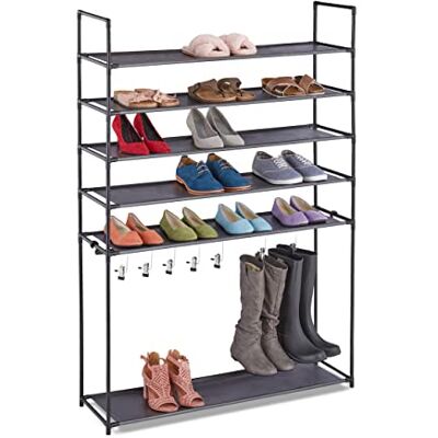 Relaxdays Estantería Zapatos 6 Baldas, Sistema Encajado, 20 Pares, 7 Ganchos, Metal y Tela, Pasillo, en Color Negro Relaxdays Estantería Zapatos 6 Baldas, Sistema Encajado, 20 Pares, 7 Ganchos, Metal y Tela, Pasillo, en Color Negro