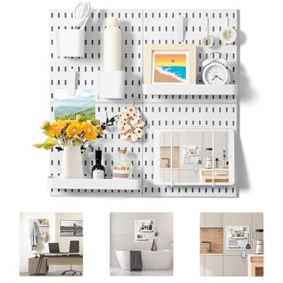 VUSIGN Kit organizador de pared combinado de tablero perforado, kit de panel de clavijas para dormitorio, estudio, oficina, baño, 4 tableros de clavijas y 17 accesorios, 22 x 22 pulgadas, color blanco VUSIGN Kit organizador de pared combinado de tablero perforado, kit de panel de clavijas para dormitorio, estudio, oficina, baño, 4 tableros de clavijas y 17 accesorios, 22 x 22 pulgadas, color blanco