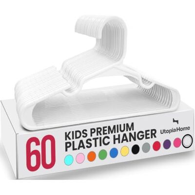 Utopia Home Paquete de 60 Perchas Infantiles de plástico para Ropa de Armario, para bebés y niños, 30 cm, Color Blanco Utopia Home Paquete de 60 Perchas Infantiles de plástico para Ropa de Armario, para bebés y niños, 30 cm, Color Blanco