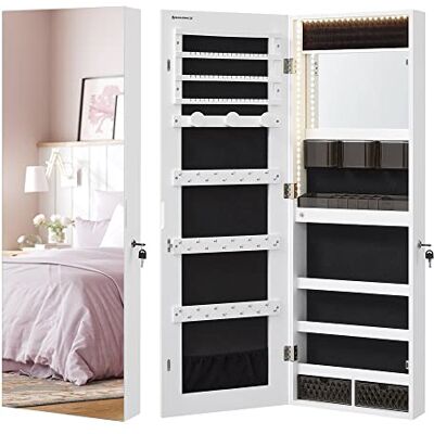 SONGMICS Armario Joyero, Armario para Joyas Montado en la Pared, Organizador con Luces LED, con Espejo sin Marco, Espejo de Maquillaje Integrado, 2 Cajones, con Cerradura, Blanco SONGMICS Armario Joyero, Armario para Joyas Montado en la Pared, Organizador con Luces LED, con Espejo sin Marco, Espejo de Maquillaje Integrado, 2 Cajones, con Cerradura, Blanco