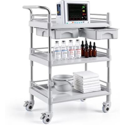 VEVOR Carro de Laboratorio de 3 Niveles Carro Médico con Ruedas y 2 Cajones Organizador Auxiliar para Hospital, Clínica, Salón de Belleza, Capacidad de Carga 50 kg, con Cubo para Basura, Material PP VEVOR Carro de Laboratorio de 3 Niveles Carro Médico con Ruedas y 2 Cajones Organizador Auxiliar para Hospital, Clínica, Salón de Belleza, Capacidad de Carga 50 kg, con Cubo para Basura, Material PP