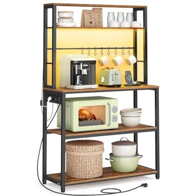 VASAGLE Estantería de Cocina con LED, para Microondas con Regleta, Estantes Ajustables, 8 Ganchos, 40 x 80 x 168,4 cm, Marrón Vintage y Negro Mate VASAGLE Estantería de Cocina con LED, para Microondas con Regleta, Estantes Ajustables, 8 Ganchos, 40 x 80 x 168,4 cm, Marrón Vintage y Negro Mate