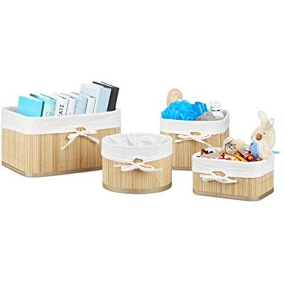 Relaxdays Cestas de Almacenaje de Bambú, Set de 4, Caja para Estantería y Armario, Cestitas Baño, 4 Tamaños, Natural Relaxdays Cestas de Almacenaje de Bambú, Set de 4, Caja para Estantería y Armario, Cestitas Baño, 4 Tamaños, Natural