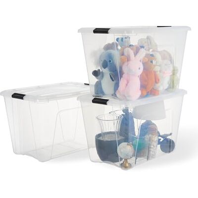 Iris Ohyama , caja de almacenamiento de plástico con tapa, 55L, juego de 3, transparente, 98% de plástico reciclado, clips de cierre, asa, apilable, para dormitorio, vestidor, oficina, sin BPA, BSB-55 Iris Ohyama , caja de almacenamiento de plástico con tapa, 55L, juego de 3, transparente, 98% de plástico reciclado, clips de cierre, asa, apilable, para dormitorio, vestidor, oficina, sin BPA, BSB-55