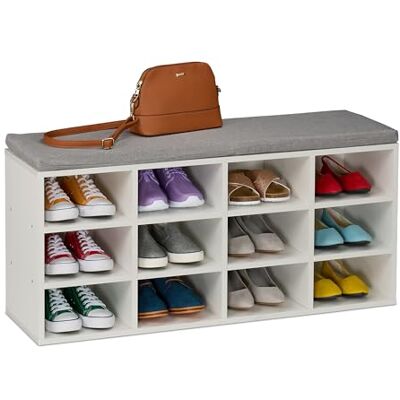 Relaxdays Banco Zapatero Asiento, Tapizado, 12 Estantes, 49,5x104x31 cm, Pasillo, Dormitorio, Descalzadora, Blanco/Gris Relaxdays Banco Zapatero Asiento, Tapizado, 12 Estantes, 49,5x104x31 cm, Pasillo, Dormitorio, Descalzadora, Blanco/Gris