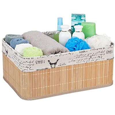 Relaxdays Cesto Almacenamiento, Funda Tela Diseño Retro, Bambú, Rectangular, Cesta Estante Baño, 16,5x38x28,5cm, Natural Relaxdays Cesto Almacenamiento, Funda Tela Diseño Retro, Bambú, Rectangular, Cesta Estante Baño, 16,5x38x28,5cm, Natural