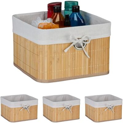 Relaxdays Set 4 Cestas de Almacenaje, Bambú, Forro de Tela, 20 x 31 x 31 cm, Cestitas con Agujero para Asa, Natural Relaxdays Set 4 Cestas de Almacenaje, Bambú, Forro de Tela, 20 x 31 x 31 cm, Cestitas con Agujero para Asa, Natural