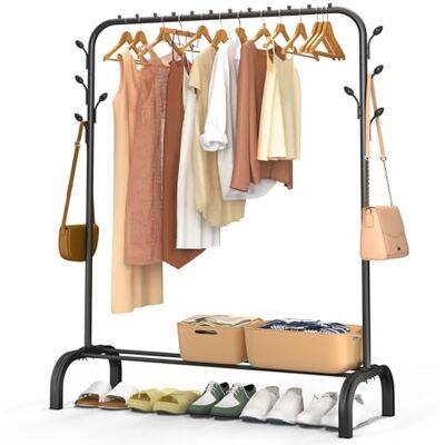 VOUNOT ® Burro Ropa Resistente, Perchero Burro Metálico con Soporte para Zapatos, Organizador de Ropa con Zapatero y Ganchos Laterales, Colgador para Dormitorio y Vestidor, 110x41x147 cm, Negro VOUNOT ® Burro Ropa Resistente, Perchero Burro Metálico con Soporte para Zapatos, Organizador de Ropa con Zapatero y Ganchos Laterales, Colgador para Dormitorio y Vestidor, 110x41x147 cm, Negro