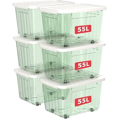 Cetomo 55L*6 Cajas de Almacenamiento con Tapas, Contenedores de Plástico con Ruedas, Clip On, Apilables, Encajables, Organizador Rayado para Oficina en Casa, Verde Claro, 55L-6 Pack Cetomo 55L*6 Cajas de Almacenamiento con Tapas, Contenedores de Plástico con Ruedas, Clip On, Apilables, Encajables, Organizador Rayado para Oficina en Casa, Verde Claro, 55L-6 Pack