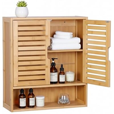Relaxdays Armario Colgante para baño , 3 estantes, HBT: 66 x 59 x 21 cm, Puertas de Lamas, Cierre magnético, Estrecho. Relaxdays Armario Colgante para baño , 3 estantes, HBT: 66 x 59 x 21 cm, Puertas de Lamas, Cierre magnético, Estrecho.