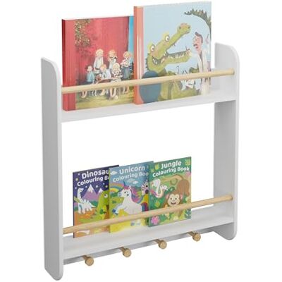 Relaxdays Estantería Infantil de Pared, 2 Baldas y 4 Perchas, Mueble para Niños, 62,5 x 60 x 12 cm, Blanco y Natural Relaxdays Estantería Infantil de Pared, 2 Baldas y 4 Perchas, Mueble para Niños, 62,5 x 60 x 12 cm, Blanco y Natural