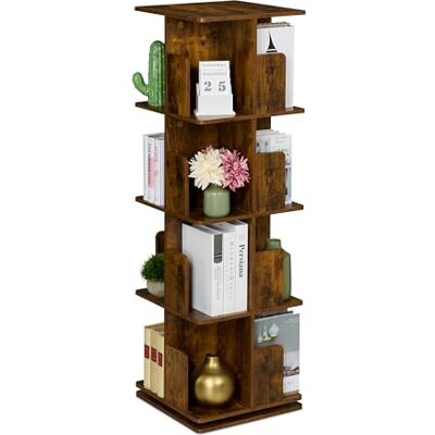 Relaxdays Estantería para Libros, Giratoria 360 Grados, 4 Niveles, Diseño Industrial, 125,5x39x39 cm, Librería, Marrón, Acero, Tablero de Fibras Relaxdays Estantería para Libros, Giratoria 360 Grados, 4 Niveles, Diseño Industrial, 125,5x39x39 cm, Librería, Marrón, Acero, Tablero de Fibras