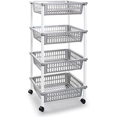 AC Carrito verdulero Modelo PLFT de plástico con 4 Niveles y Ruedas, cestas apilables portaobjetos, Frutas, Verduras, Cocina, baño (Plata 85 x 40 x 30 cm) AC Carrito verdulero Modelo PLFT de plástico con 4 Niveles y Ruedas, cestas apilables portaobjetos, Frutas, Verduras, Cocina, baño (Plata 85 x 40 x 30 cm)
