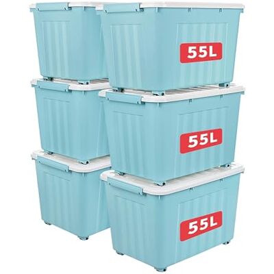 Cetomo 55L*6 Cajas de Almacenamiento con Tapas, Contenedores de Plástico con Ruedas, Clip On, Apilables, Encajables, Organizador Rayado para Oficina en Casa, Azul, 55L-6 Pack Cetomo 55L*6 Cajas de Almacenamiento con Tapas, Contenedores de Plástico con Ruedas, Clip On, Apilables, Encajables, Organizador Rayado para Oficina en Casa, Azul, 55L-6 Pack